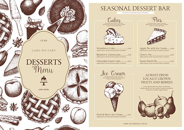 Vector dessert menu design for restaurant or cafe. Vinatge template with hand drawn fruit and berry cake, pie, ice cream sketch. Sweet bakery illustration ice pie stock illustrations