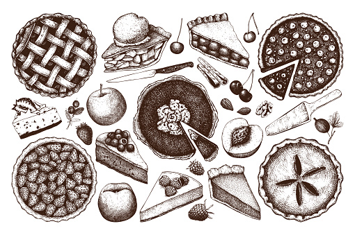 Vintage set of traditional hand drawn cake, tart and pie sketch. Sweet bakery. Top view.