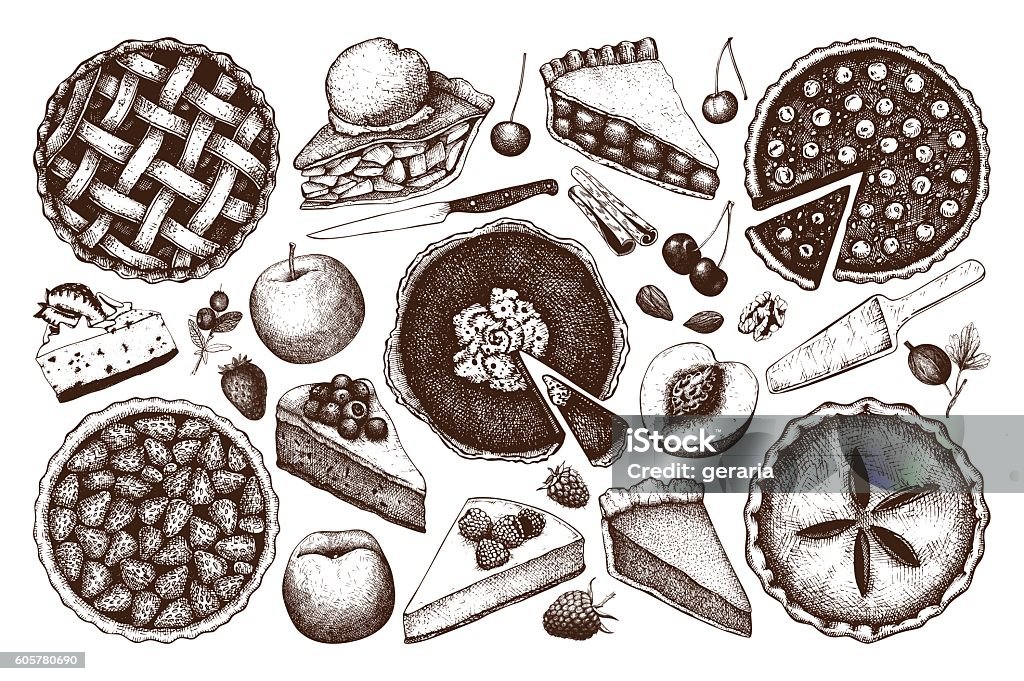 Vector collection of  fruit and berry baking illustration. Vintage set of traditional hand drawn cake, tart and pie sketch. Sweet bakery. Top view. Sweet Pie stock vector