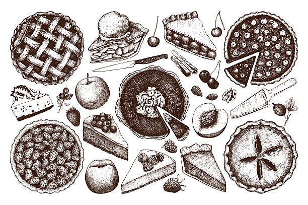 Vector collection of  fruit and berry baking illustration. Vintage set of traditional hand drawn cake, tart and pie sketch. Sweet bakery. Top view. thanksgiving holiday drawings stock illustrations