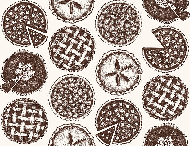 Vector background with hand drawn fruit and berry baking illustration. Vintage seamless pattern with traditional cake, tart and pie sketch. Sweet bakery. Top view. sweet-pie stock illustrations
