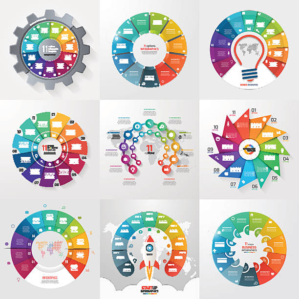 Set of 9 circle infographic templates with 11 options, steps Set of 9 circle infographic templates with 11 options, steps, parts, processes. Business concept for graphs, charts, diagrams. Vector illustration. number 11 stock illustrations