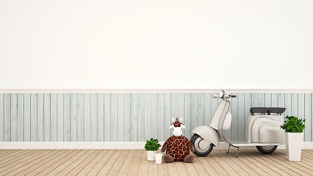motorcycle and giraffe in kid room - 3D Rendering