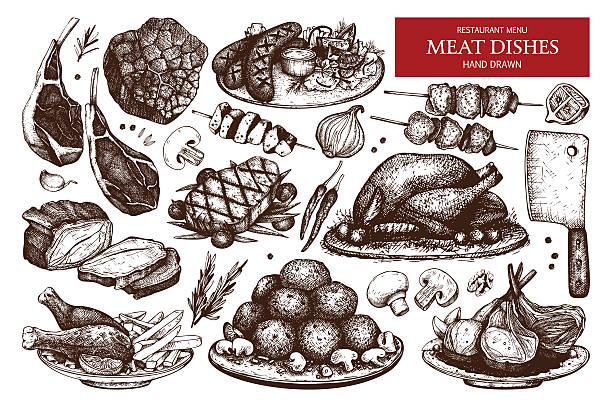 illustrations, cliparts, dessins animés et icônes de collection vectorielle d’illustrations de viande dessinées à la main. - butchers shop meatball raw beef