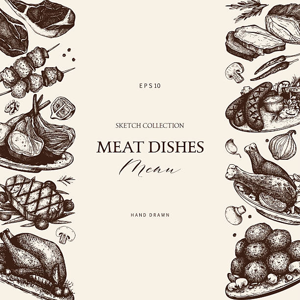 illustrations, cliparts, dessins animés et icônes de cadre vintage avec croquis de produits carnés. - steak meat raw beef