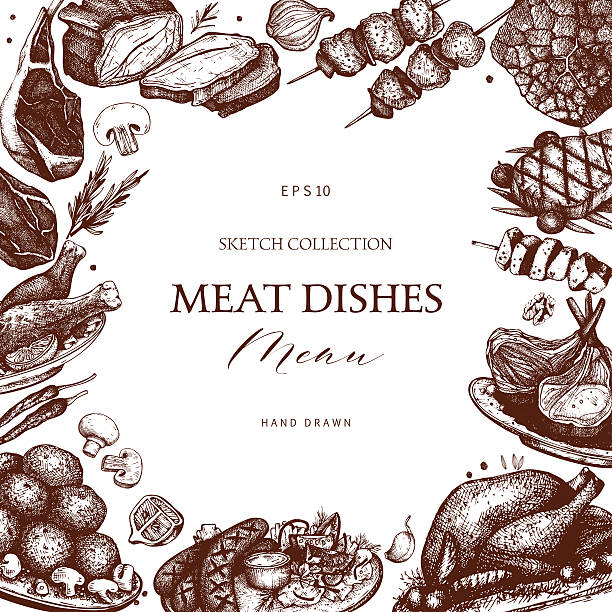 illustrations, cliparts, dessins animés et icônes de cadre vintage avec croquis de produits carnés. - butchers shop meatball raw beef
