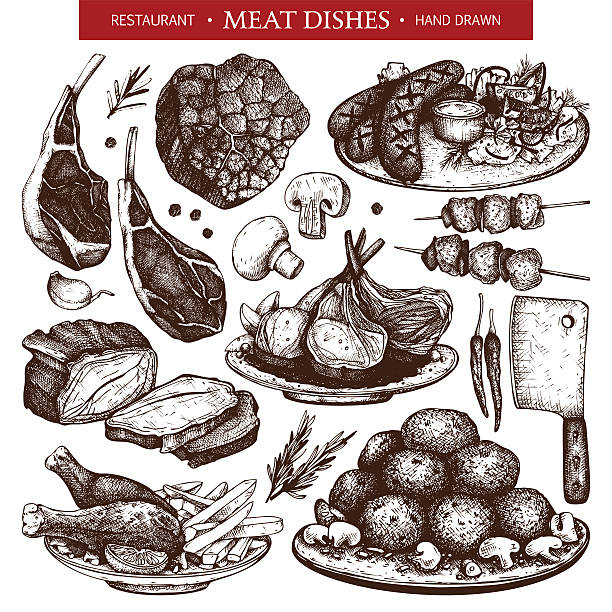 illustrations, cliparts, dessins animés et icônes de collection vectorielle d’illustrations de viande dessinées à la main. - butchers shop meatball raw beef