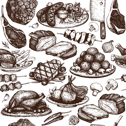 Restaurant or butchery graphic design. Vintage background with food sketch.