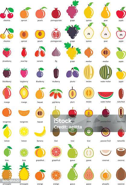 Fruit Icons Big Set Of Seventytwo Vector Icons Stock Illustration - Download Image Now - Fruit, Mango Fruit, Vector