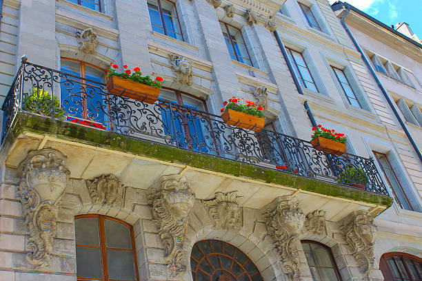 Geneva, Switzerland - June 17, 2016: Building architecture close up in Geneva city, Switzerland
