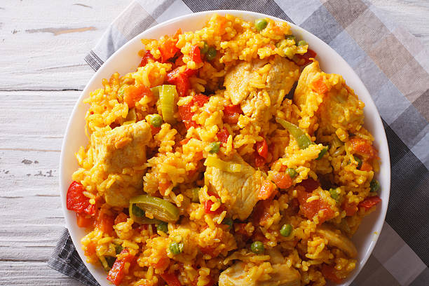 istock Arroz con pollo close up in bowl. Horizontal top view 605785616