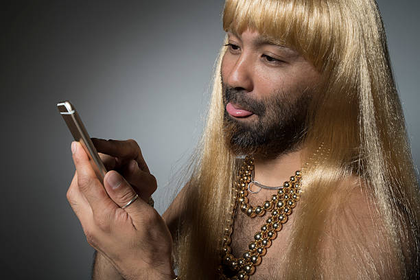 Blonde wig man and smartphones.
