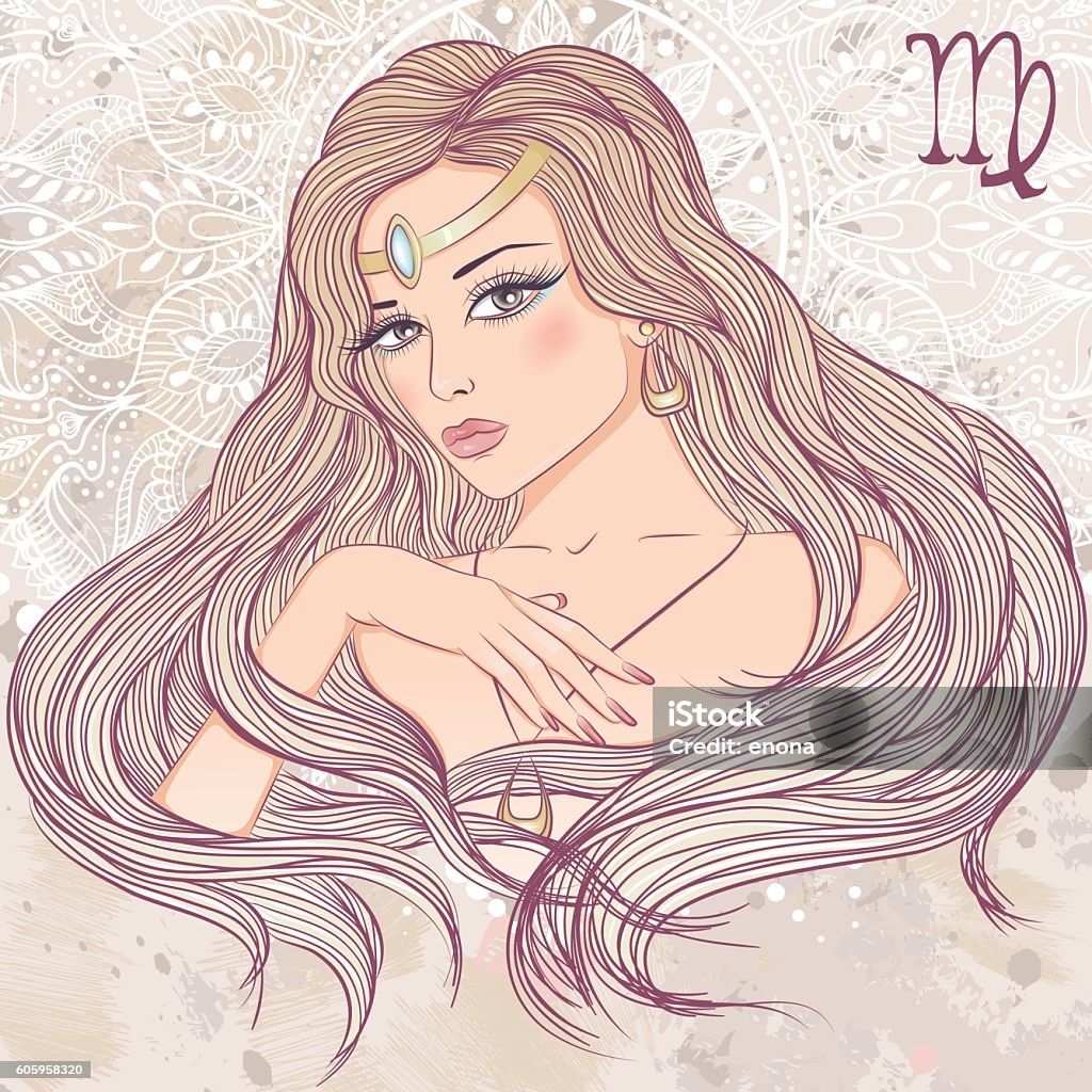 Astrological sign of Virgo as a portrait of beautiful girl Zodiac. Vector illustration of the astrological sign of Virgo as a portrait beautiful girl with long hair. The illustration on decorative grunge background in retro colors Virgo stock vector