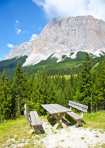 istock View at picknick table near Ehrwalder Almsee with mountain landscape 605960438