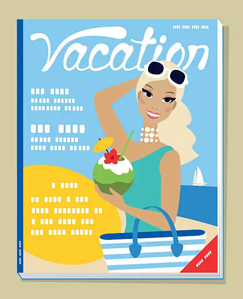 Vector illustration of Illustration on a magazine cover of a woman on vacations