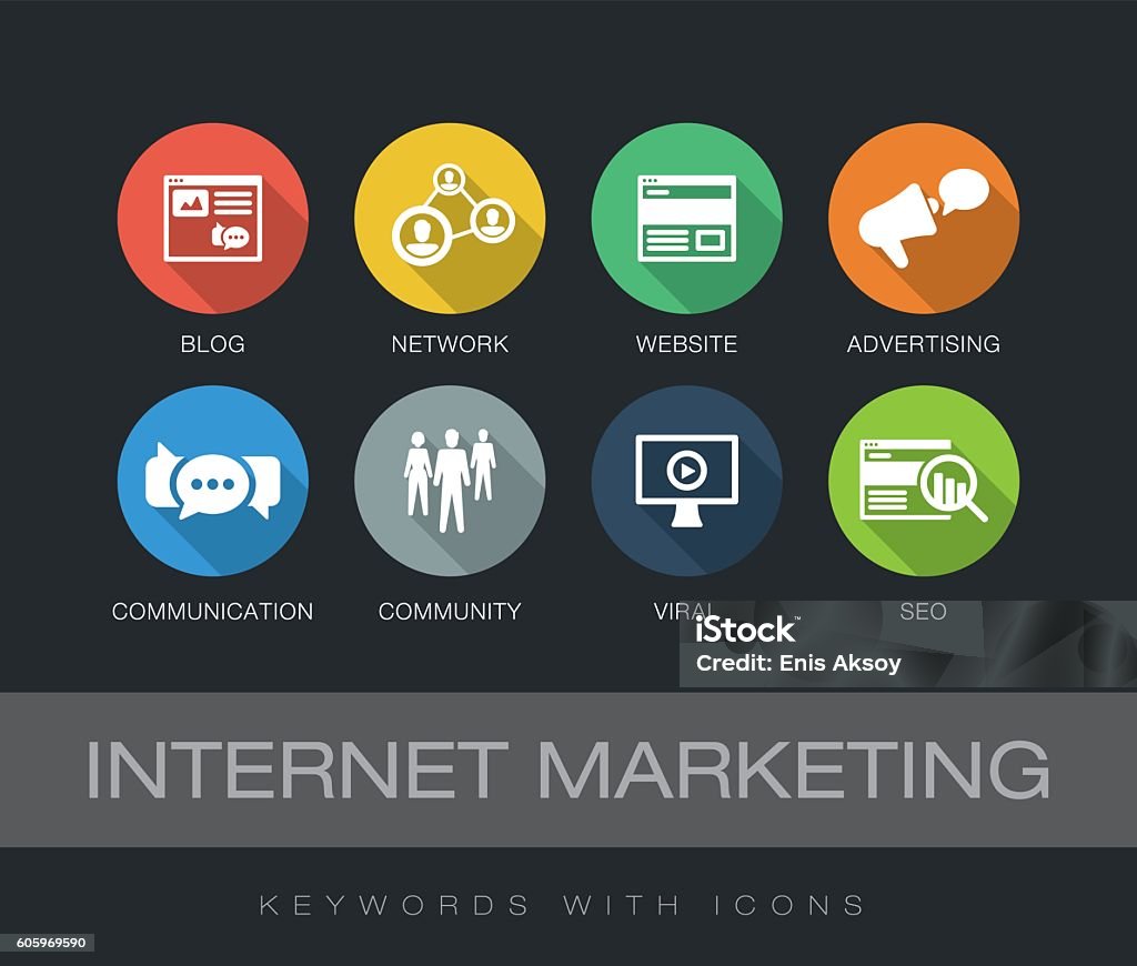 Internet Marketing keywords with icons Internet Marketing chart with keywords and icons. Flat design with long shadows Icon Symbol stock vector