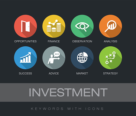 Investment chart with keywords and icons. Flat design with long shadows