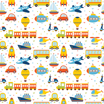 Seamless pattern with colorful cartoon transport. Cute background with hearts. Vector illustration