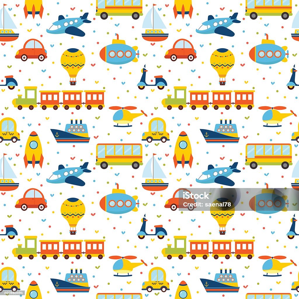 Seamless pattern with colorful cartoon transport Seamless pattern with colorful cartoon transport. Cute background with hearts. Vector illustration Child stock vector