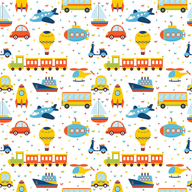 Seamless pattern with colorful cartoon transport Seamless pattern with colorful cartoon transport. Cute background with hearts. Vector illustration hot male drawing stock illustrations