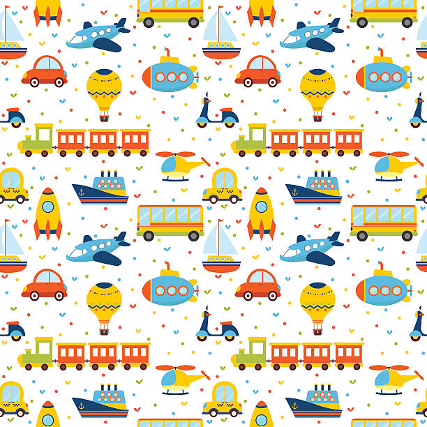 Seamless pattern with colorful cartoon transport Seamless pattern with colorful cartoon transport. Cute background with hearts. Vector illustration transportation background stock illustrations