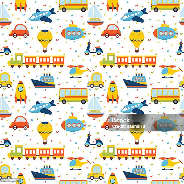 Seamless Pattern With Colorful Cartoon Transport Stock Illustration - Download Image Now - Child, Pattern, Toy