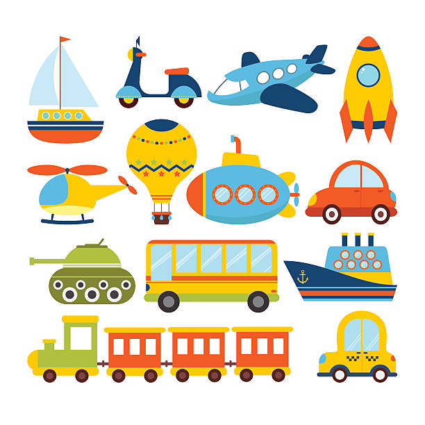 illustrazioni stock, clip art, cartoni animati e icone di tendenza di set di trasporto di cartoni animati. tema trasporti - mezzo di trasporto illustrazioni