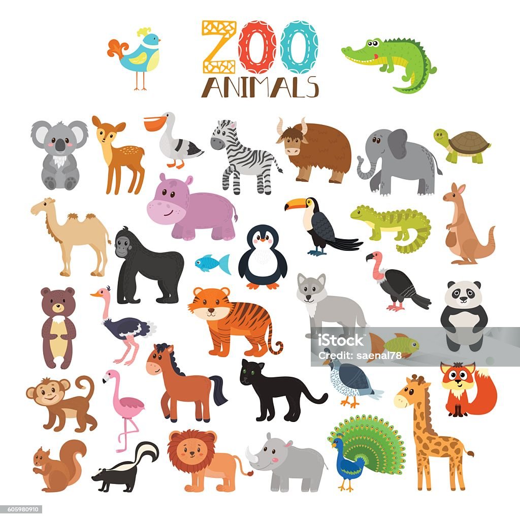 Colección del vector de animales del parque zoológico. Conjunto de lindos animales de dibujos animados - arte vectorial de Animal libre de derechos