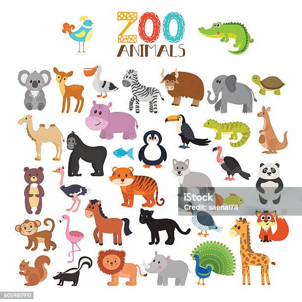Vector Collection Of Zoo Animals Set Of Cute Cartoon Animals Stock Illustration - Download Image Now