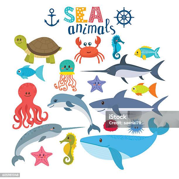 Vector Set Of Sea Creatures Cute Cartoon Animals Stock Illustration - Download Image Now - Vector, Undersea, Fish