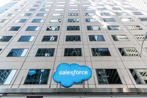 San Francisco, United States - September 14, 2016: Outside Salesforce in San Francisco, located at 50 Fremont St. Salesforce is an American cloud computing company with headquarters in San Francisco, California.