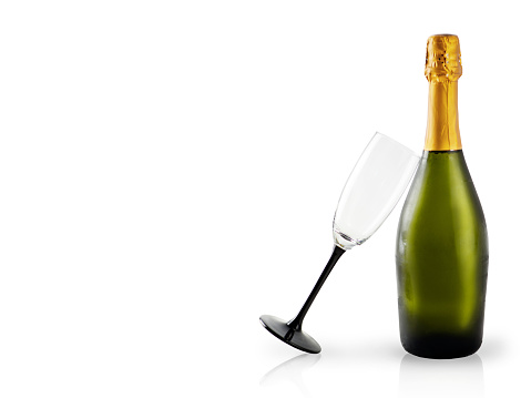 Glass and Bottle of Champagne on White with Copy Space