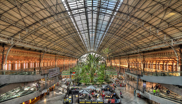 Tropical garden with different types of plants and trees of in railway station of Atocha, Madrid, Spain