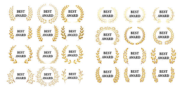 Vector gold award laurel wreath. Best award gold laurel wreath set on white background film trailer music stock illustrations