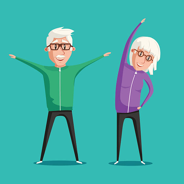 Senior people and gymnastics. Cartoon vector illustration Senior people and gymnastics. Elderly couple. Grandparents doing exercises. Sport. Morning exercises. Cartoon vector illustration gymnastics stretches stock illustrations