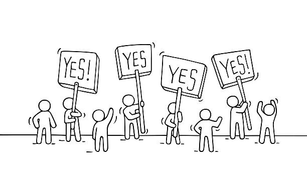 scene of workers with protest transparents Sketch of crowd little people. Doodle cute miniature scene of workers with protest transparents. Hand drawn cartoon vector illustration for business design and infographic.Sketch of crowd little people. Doodle cute miniature scene of workers with protest transparents. Hand drawn cartoon vector illustration for business design and infographic. yes no icon stock illustrations