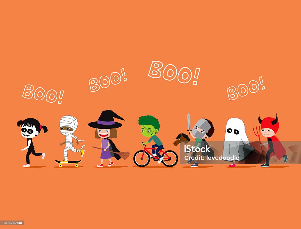 Halloween kids. Cute cartoon children in costumes Halloween kids. Cute cartoon children in costumes: skeleton, mummy, witch or wizard, zombie, knight, ghost and devil Trick Or Treat stock illustration