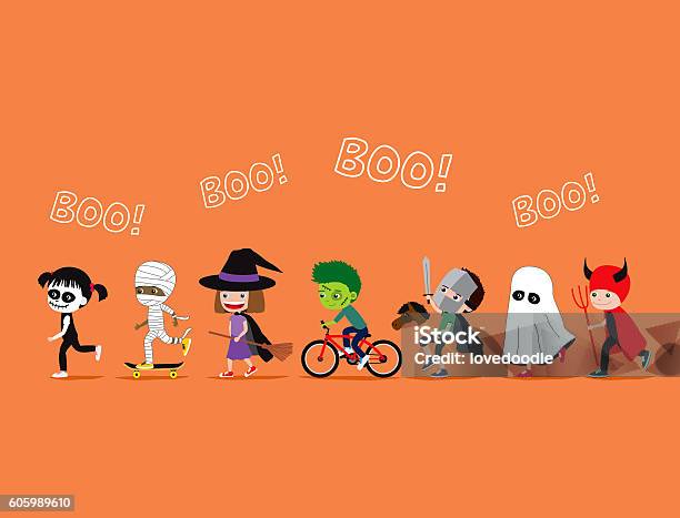 Halloween Kids Cute Cartoon Children In Costumes Stock Illustration - Download Image Now - Trick Or Treat, Child, Halloween