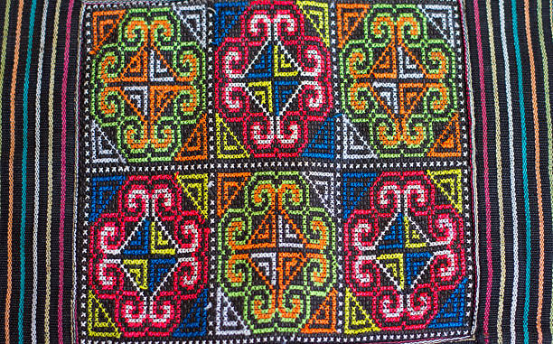 Traditional Hmong/Thai Vintage Textile Detail (Close-Up) Traditional Hmong/Thai vintage multi-colored geometric embroidered textile detail (close-up). miao minority stock pictures, royalty-free photos & images