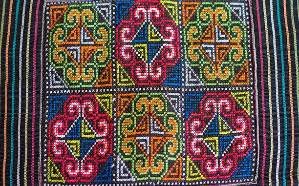 Traditional Hmong/Thai vintage multi-colored geometric embroidered textile detail (close-up).
