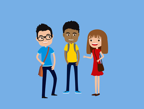 Three Cute Cartoon Students Talking Two Boys And A Girl Stock Illustration  - Download Image Now - iStock