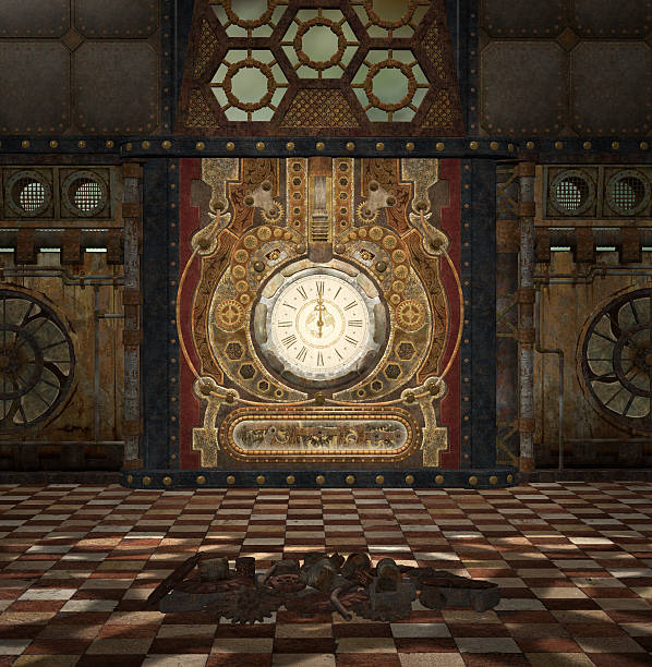 istock Steampunk fantasy room with clock and gears 605992368