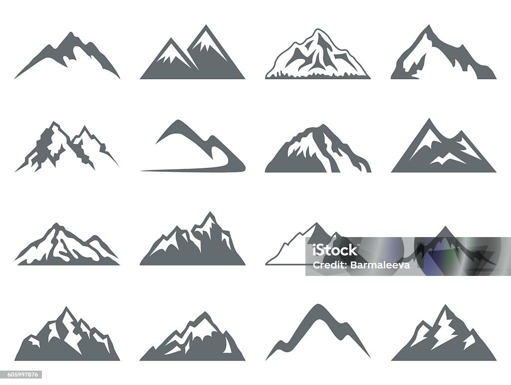 Mountain Shapes For Logos Set of sixteen vector mountain shapes for logos. Camping mountain logo, travel labels, climbing or hiking badges Mountain stock vector