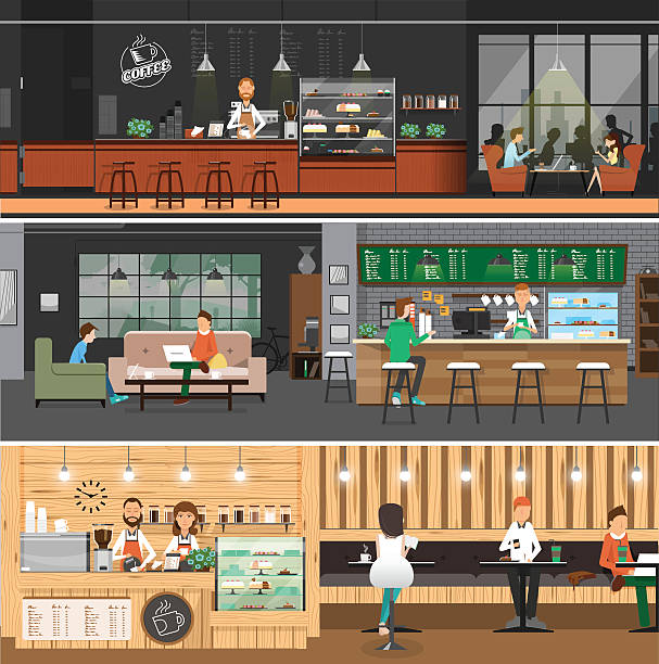 Cafe Interior Banner Flat Style Stock Illustration - Download Image Now -  Indoors, Cafeteria, Restaurant - iStock