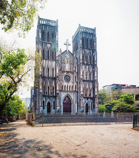 Hanoi Vietnam Saint Joseph cathedral facade oblique view on a Springtime day.