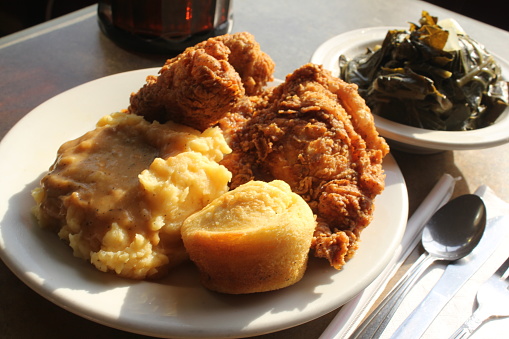Original Photos taken in 2013 for my now closed restaurant eclectic soul food in Blue island IL. Fried Chicken Mashed Potatoes Greens cornbread 1 taken with canon 7D and 50mm lens 