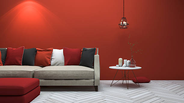 3d rendering red modern style living room with minimal decor stock photo