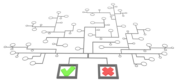 Choice mark box link network, 3d illustration, isolated, horizontal