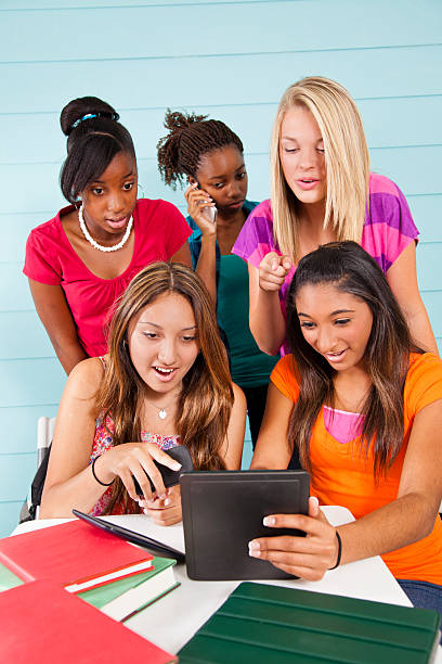 istock Teenage girls cyber-bully classmate using internet, social media. 606001518