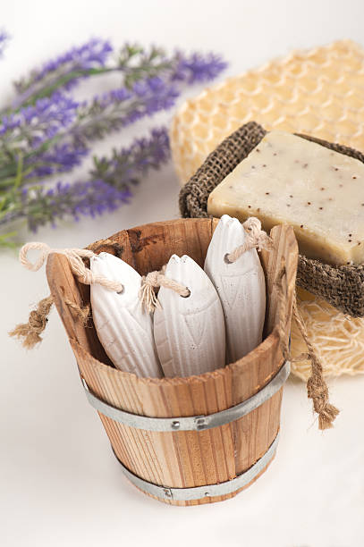istock Lavender flowers, handmade soap, sponge 606002158